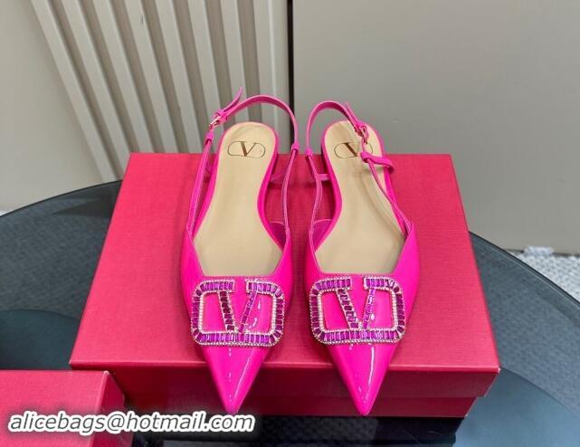 Top Grade Valentino Strass VLogo Satin Slingback Ballerinas Flats in Patent Leather Dark Pink 1118046