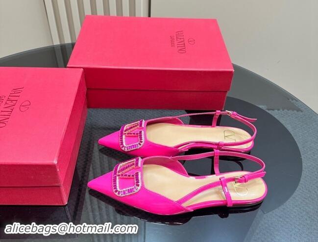 Top Grade Valentino Strass VLogo Satin Slingback Ballerinas Flats in Patent Leather Dark Pink 1118046