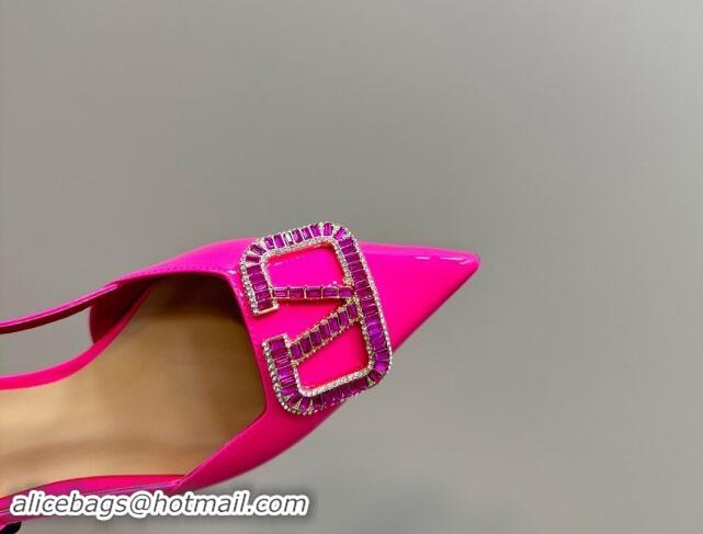 Top Grade Valentino Strass VLogo Satin Slingback Ballerinas Flats in Patent Leather Dark Pink 1118046