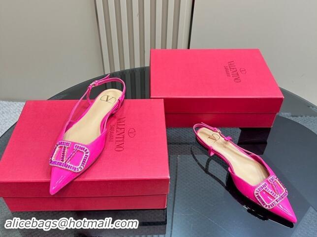 Top Grade Valentino Strass VLogo Satin Slingback Ballerinas Flats in Patent Leather Dark Pink 1118046