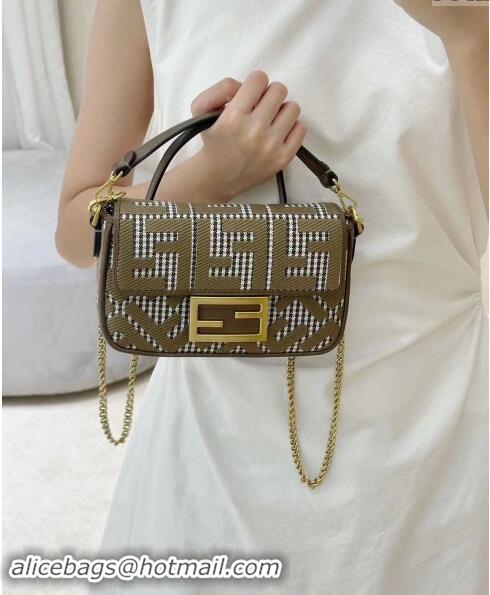 Grade Quality Fendi Baguette Mini bag in FF Houndstooth Fabric 8588S Brown 2024