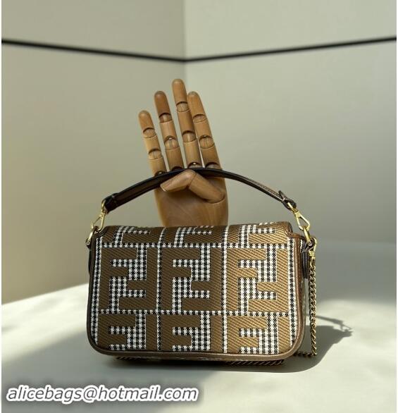 Grade Quality Fendi Baguette Mini bag in FF Houndstooth Fabric 8588S Brown 2024