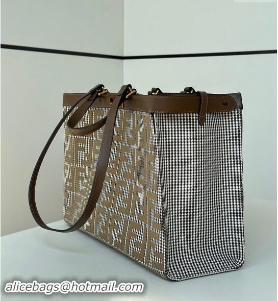 Top Grade Fendi Medium X-Tote Bag in FF Houndstooth Fabric 8589 Brown 2024