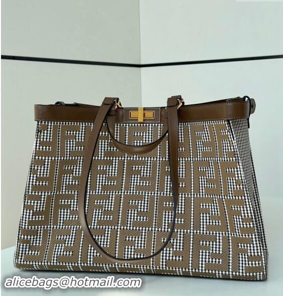 Top Grade Fendi Medium X-Tote Bag in FF Houndstooth Fabric 8589 Brown 2024