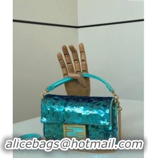 New Fashion Fendi Baguette Mini bag Embroidered with Sequins 8601S Lake Blue 2024