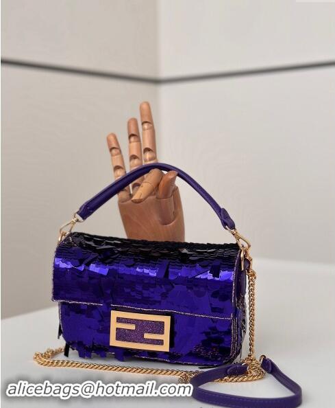 Shop Fashion Fendi Baguette Mini bag Embroidered with Sequins 8601S Deep Purple 2024