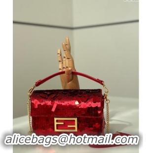 Grade Quality Fendi Baguette Mini bag Embroidered with Sequins 8601S Red 2024