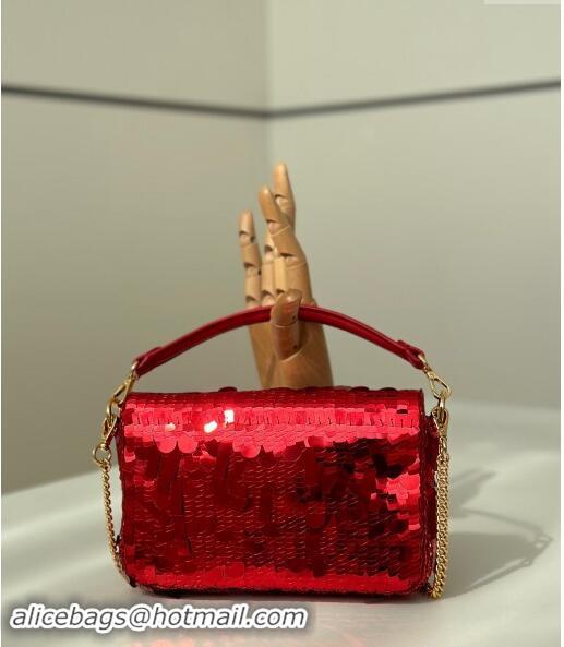 Grade Quality Fendi Baguette Mini bag Embroidered with Sequins 8601S Red 2024