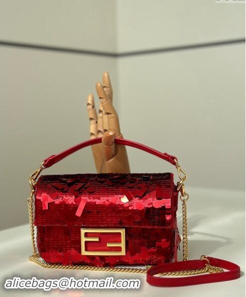 Grade Quality Fendi Baguette Mini bag Embroidered with Sequins 8601S Red 2024