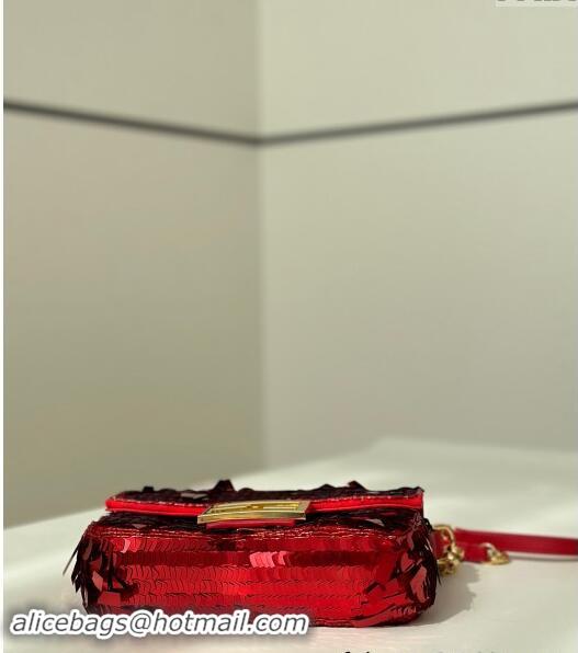 Grade Quality Fendi Baguette Mini bag Embroidered with Sequins 8601S Red 2024