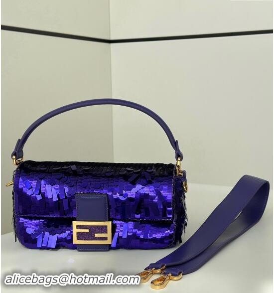 Buy Discount Fendi Baguette Medium bag Embroidered with Sequins 8601M Dark Purple 2024