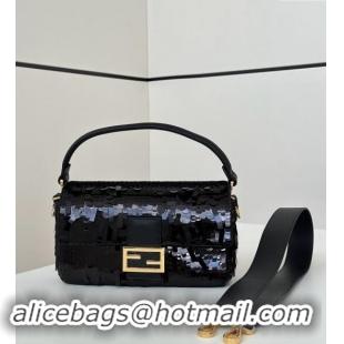 Best Price Fendi Baguette Medium bag Embroidered with Sequins 8601M Black 2024