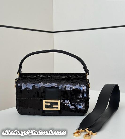 Best Price Fendi Baguette Medium bag Embroidered with Sequins 8601M Black 2024