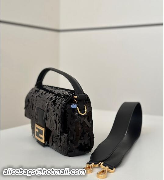 Best Price Fendi Baguette Medium bag Embroidered with Sequins 8601M Black 2024