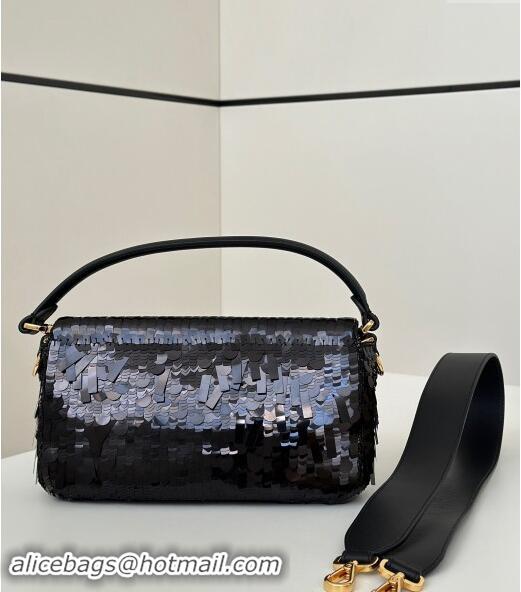 Best Price Fendi Baguette Medium bag Embroidered with Sequins 8601M Black 2024