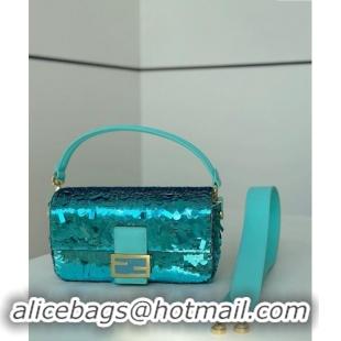 Good Quality Fendi Baguette Medium bag Embroidered with Sequins 8601M Lake Blue 2024