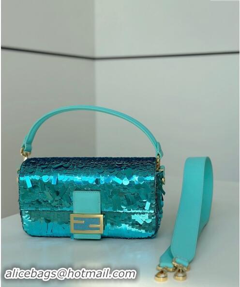 Good Quality Fendi Baguette Medium bag Embroidered with Sequins 8601M Lake Blue 2024