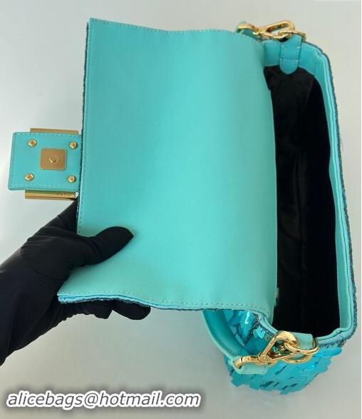 Good Quality Fendi Baguette Medium bag Embroidered with Sequins 8601M Lake Blue 2024