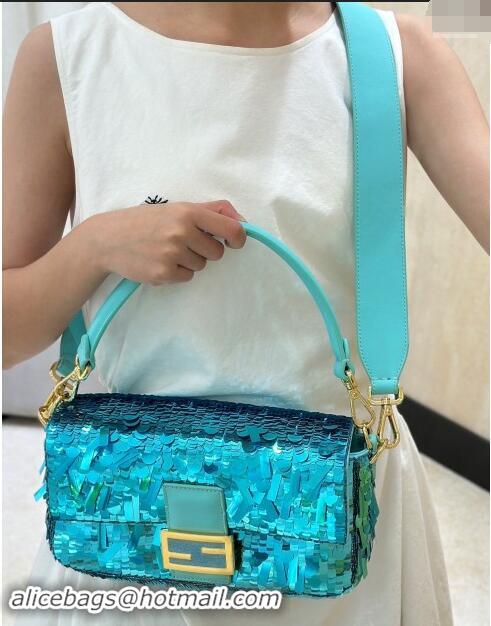 Good Quality Fendi Baguette Medium bag Embroidered with Sequins 8601M Lake Blue 2024