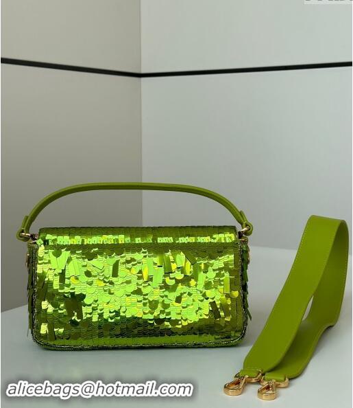 Luxury Cheap Fendi Baguette Medium bag Embroidered with Sequins 8601M Green 2024