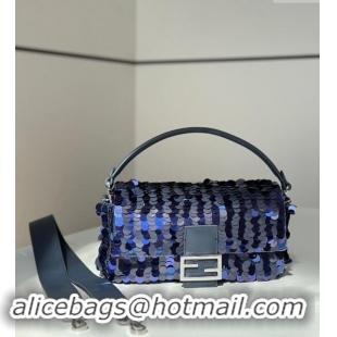 Best Grade Fendi Baguette Medium bag Embroidered with Sequins 8601M Royal Blue 2024