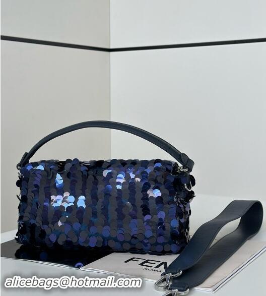 Best Grade Fendi Baguette Medium bag Embroidered with Sequins 8601M Royal Blue 2024