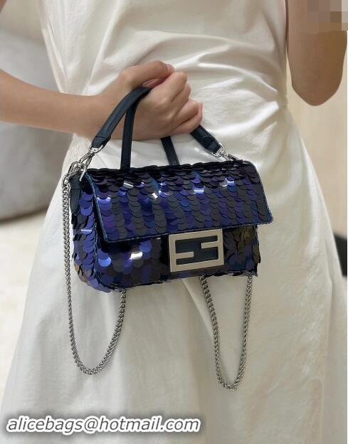 New Fashion Fendi Baguette Mini bag Embroidered with Sequins 8601S Royal Blue 2024