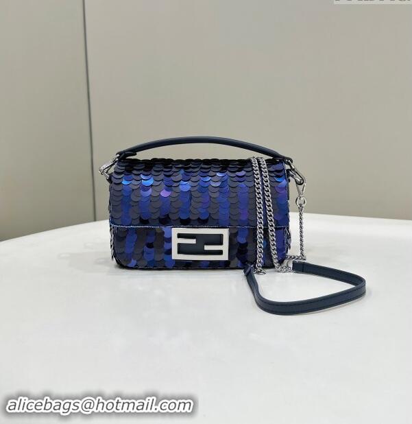 New Fashion Fendi Baguette Mini bag Embroidered with Sequins 8601S Royal Blue 2024