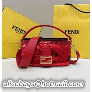 Top Grade Fendi Baguette Medium bag Embroidered with Sequins 8601M Red 2024