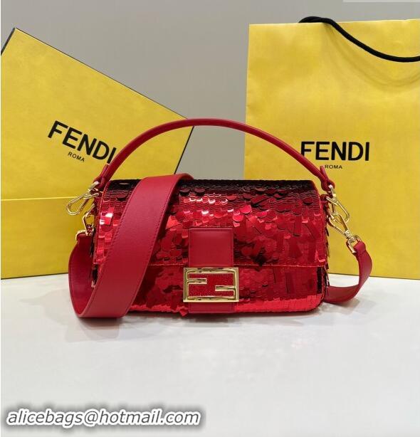 Top Grade Fendi Baguette Medium bag Embroidered with Sequins 8601M Red 2024