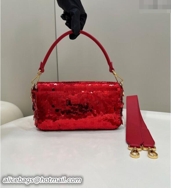 Top Grade Fendi Baguette Medium bag Embroidered with Sequins 8601M Red 2024