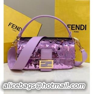 Top Grade Fendi Baguette Medium bag Embroidered with Sequins 8601M Light Purple 2024