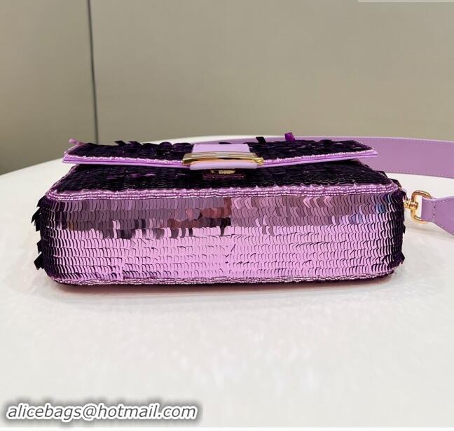 Top Grade Fendi Baguette Medium bag Embroidered with Sequins 8601M Light Purple 2024