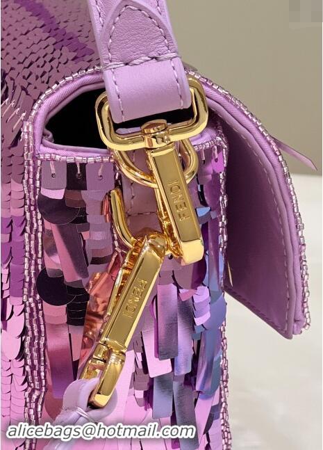 Top Grade Fendi Baguette Medium bag Embroidered with Sequins 8601M Light Purple 2024