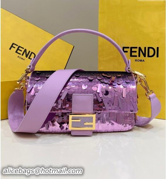 Top Grade Fendi Baguette Medium bag Embroidered with Sequins 8601M Light Purple 2024