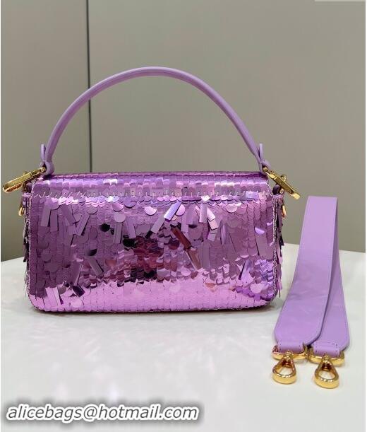 Top Grade Fendi Baguette Medium bag Embroidered with Sequins 8601M Light Purple 2024