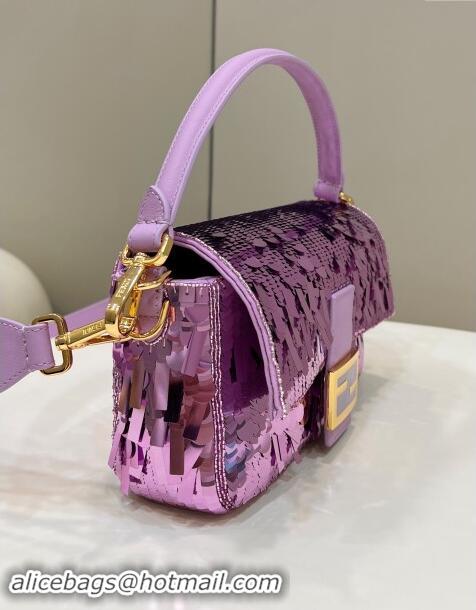 Top Grade Fendi Baguette Medium bag Embroidered with Sequins 8601M Light Purple 2024