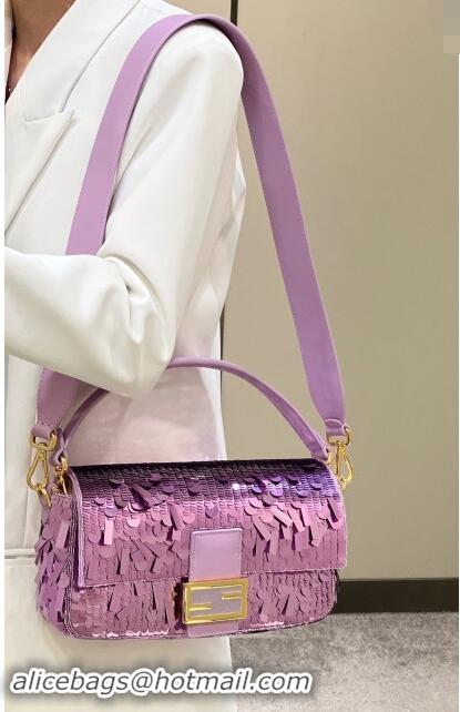 Top Grade Fendi Baguette Medium bag Embroidered with Sequins 8601M Light Purple 2024