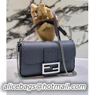 Top Design Fendi Baguette Mini Selleria bag with topstitches in Grained Calfskin 8610S Grey Blue 2024