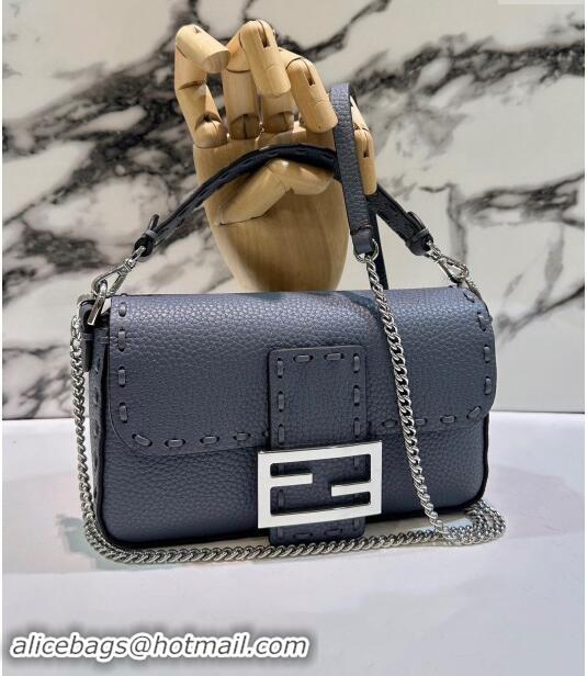 Top Design Fendi Baguette Mini Selleria bag with topstitches in Grained Calfskin 8610S Grey Blue 2024