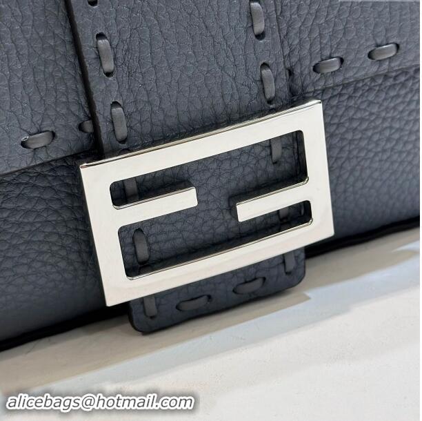 Top Design Fendi Baguette Mini Selleria bag with topstitches in Grained Calfskin 8610S Grey Blue 2024