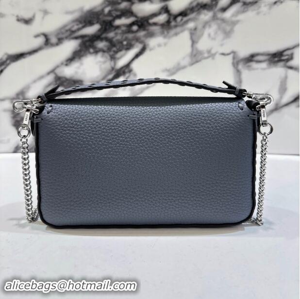 Top Design Fendi Baguette Mini Selleria bag with topstitches in Grained Calfskin 8610S Grey Blue 2024