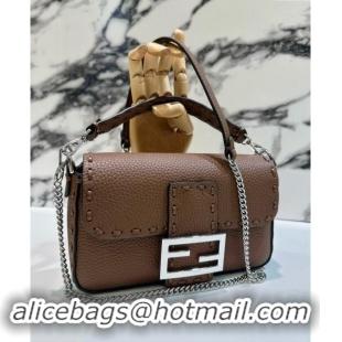 Well Crafted Fendi Baguette Mini Selleria bag with topstitches in Grained Calfskin 8610S Dark Brown 2024