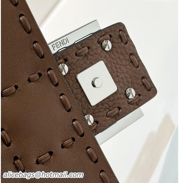 Well Crafted Fendi Baguette Mini Selleria bag with topstitches in Grained Calfskin 8610S Dark Brown 2024