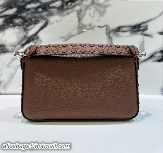 Well Crafted Fendi Baguette Mini Selleria bag with topstitches in Grained Calfskin 8610S Dark Brown 2024