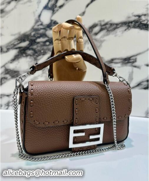 Well Crafted Fendi Baguette Mini Selleria bag with topstitches in Grained Calfskin 8610S Dark Brown 2024