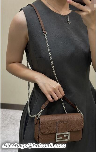 Well Crafted Fendi Baguette Mini Selleria bag with topstitches in Grained Calfskin 8610S Dark Brown 2024