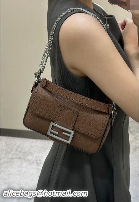 Well Crafted Fendi Baguette Mini Selleria bag with topstitches in Grained Calfskin 8610S Dark Brown 2024