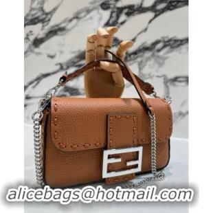 Best Product Fendi Baguette Mini Selleria bag with topstitches in Grained Calfskin 8610S Caramel Brown 2024