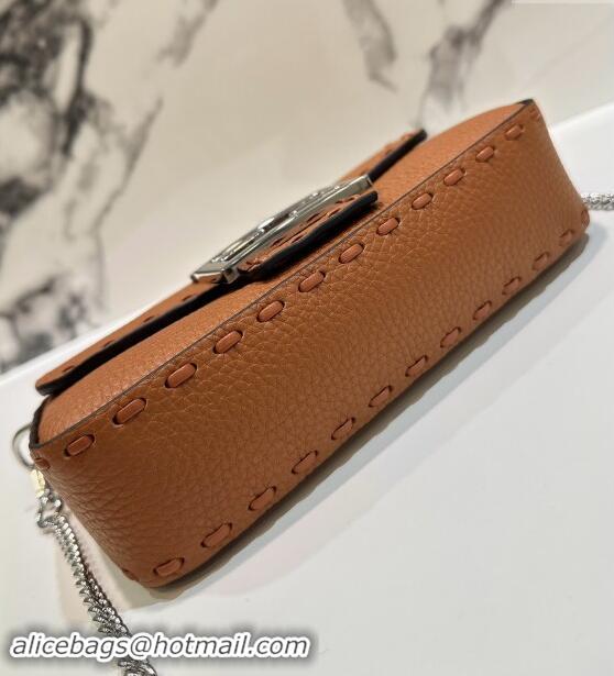 Best Product Fendi Baguette Mini Selleria bag with topstitches in Grained Calfskin 8610S Caramel Brown 2024